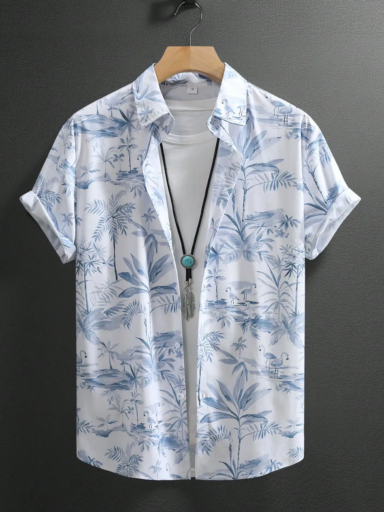 

Men's Blue Tropical Print Turn-Down Collar Button-Front Short Sleeve Casual Shirt