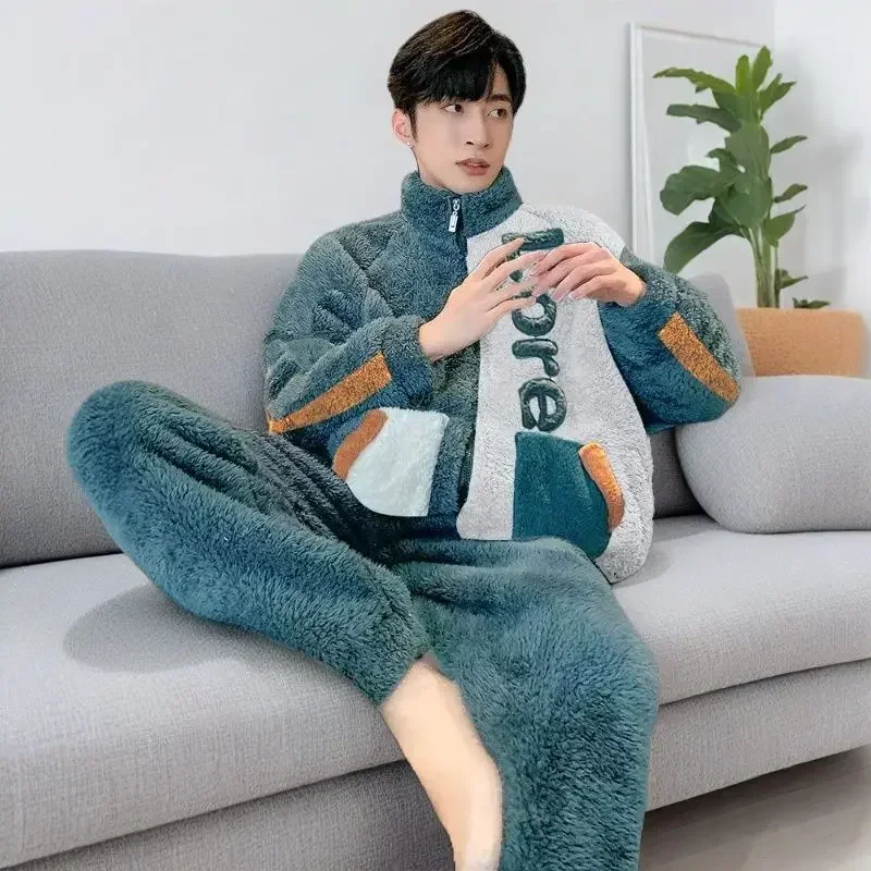 Pyjamas Men Autumn/Winter Coral Velvet Warm Flannel Homewear Set Can Be Worn Outside Nightgown Fashion Zipper New Sleepwear Suit