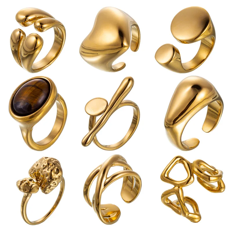 Women Stainless Steel Gold Plated Abstract Geometric Open Adjustable Open Cuff Rings Vintage Trendy Finger Jewelry Party Gift