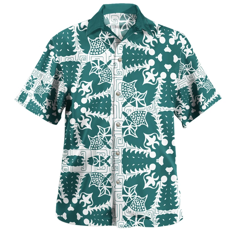 Polynesia Mens Shirts Turn-Down Collar Shirt Samoan Tribal Ethnic Men's Vintage 3D Tops Shirt Hawaiian Casual Short Sleeve Tees