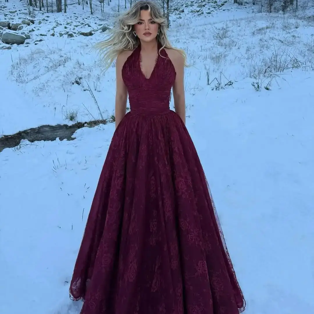 Neues romantisches Rüschen-Neckholder-Kleid mit V-Ausschnitt, Spitze, verziertem Tüll, hohem Schlitz, drapierte Stickerei, A-Linie, Abendkleid, Abschlussball, formelles Partykleid