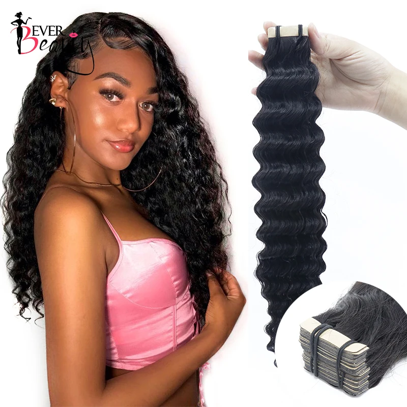 

Deep Wave Tape In Human Hair Extensions For Black Women Loose Curly Tape Ins Peruvian Bulk Virgin Microlink Hair Ever Beauty