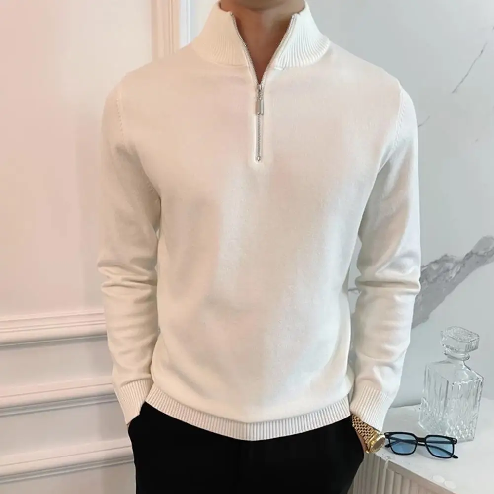 

Fall Winter Men Sweater Zippered Half-high Collar Long Sleeves Top Retro Knitted Sweater Pure Color Pullover Stretchy Knitwear