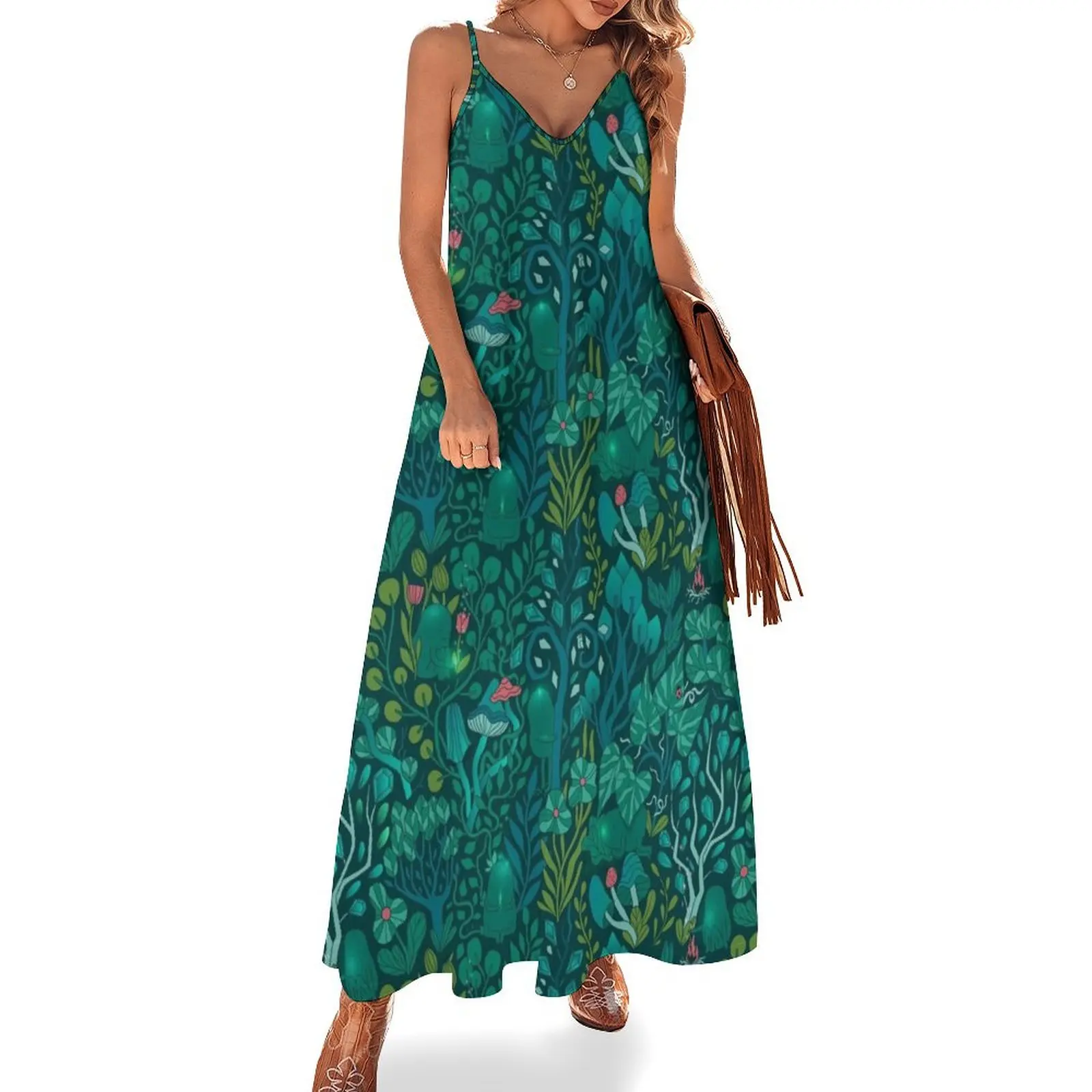 

Emerald forest keepers. Fairy woodland creatures. Tree, plants and mushrooms Sleeveless Long Dress