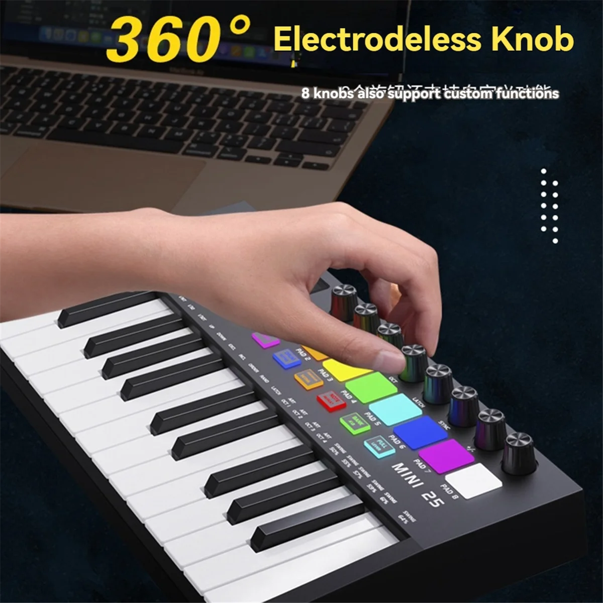 لوحة مفاتيح تحكم MIDI صغيرة محمولة مشهورة، USB، لوحة مفاتيح تسلسل، وسادات طبل بإضاءة خلفية، 8 مقابض، OLED، وحدة تحكم مكونة من 25 مفتاحًا