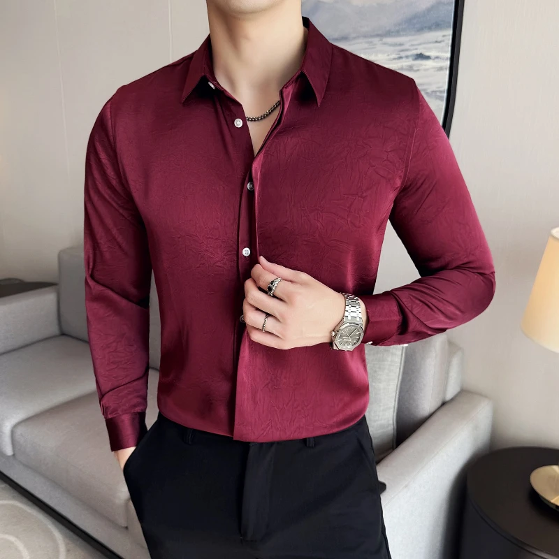 

Роскошные шелковые мужские рубашки с длинным рукавом, высококачественные атласные рубашки на пуговицах для мужчин, мужские классические рубашки для свадьбы, выпускного вечера