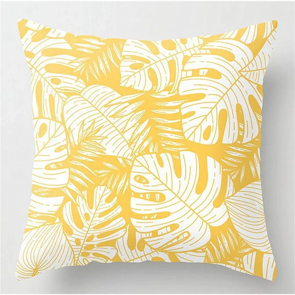 Funda de cojín amarilla para sofá, funda de almohada cuadrada moderna para sala de estar, decoración del hogar, patrón de hojas florales, fundas de