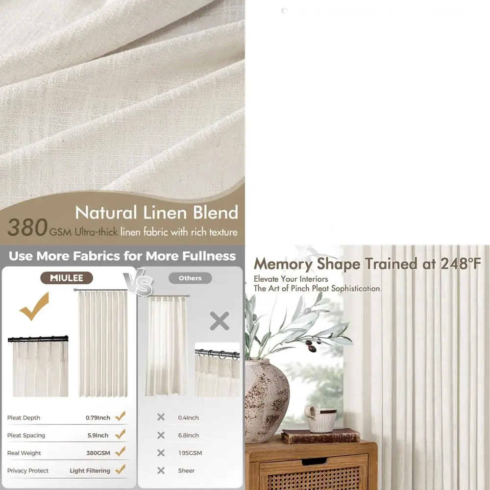Linnen geplooide 90 gordijnen, set met 2 panelen voor woonruimtes, geheugenvormig, lichtfiltering, neutrale ivoortinten