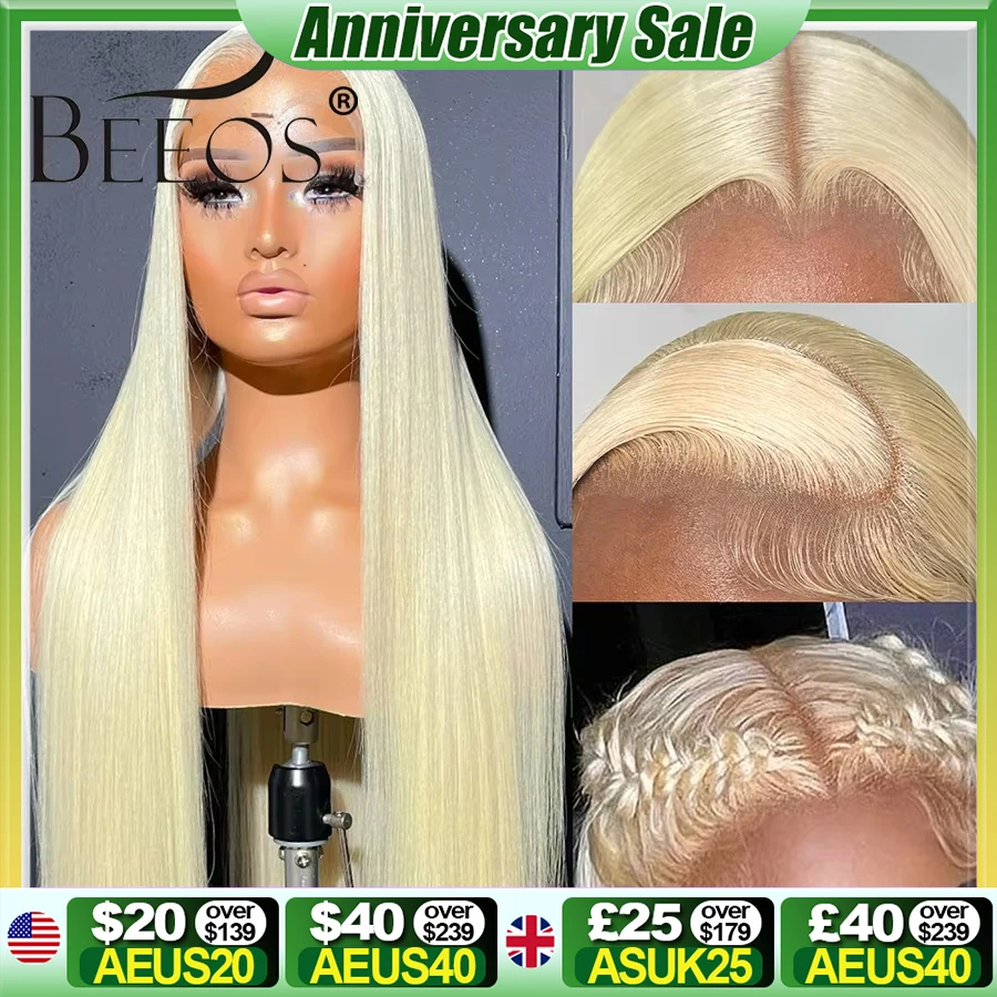 BEEOS 250% 34inch 613 Blonde 13x6 HD Full Lace Frontal Human hair Wigs Straight Glueless 5x5 HD Lace Closure Wigs PrePlucked