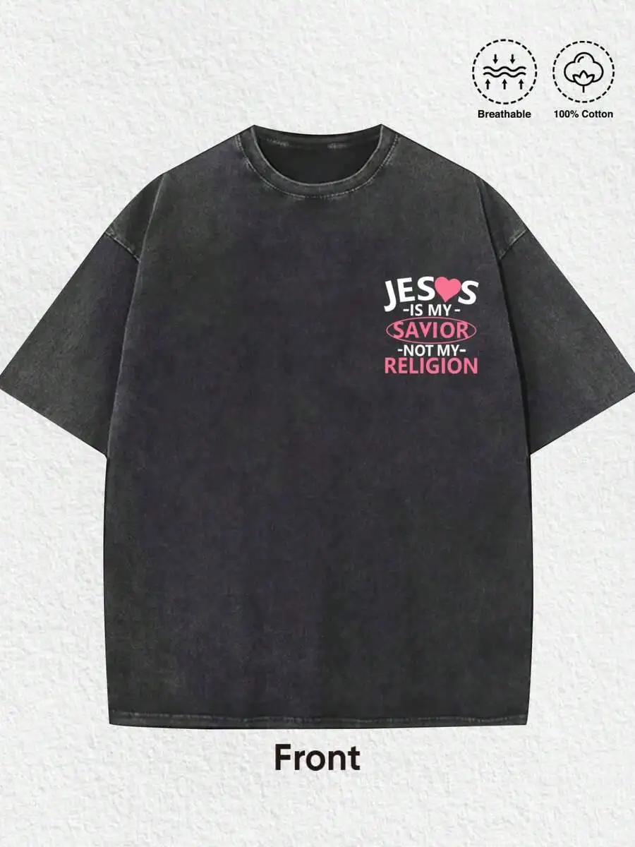 Jesus Is My Savior Graphic Tee - 1 PCS Vintage Distressed T-Shirt with Inspirational Text & Bold Front/Back Prints, Featuring Pink Heart Accent |   Made from Soft, Breathable 100% Cotton