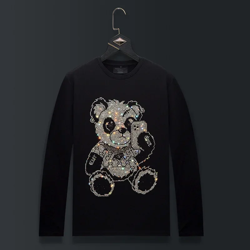 

Plus Size O Neck Long Sleeve T Shirts Men Fashion Streetwear Rhinestones Cartoon Bear Modal Cotton Slim Tshirts Mens Clothing