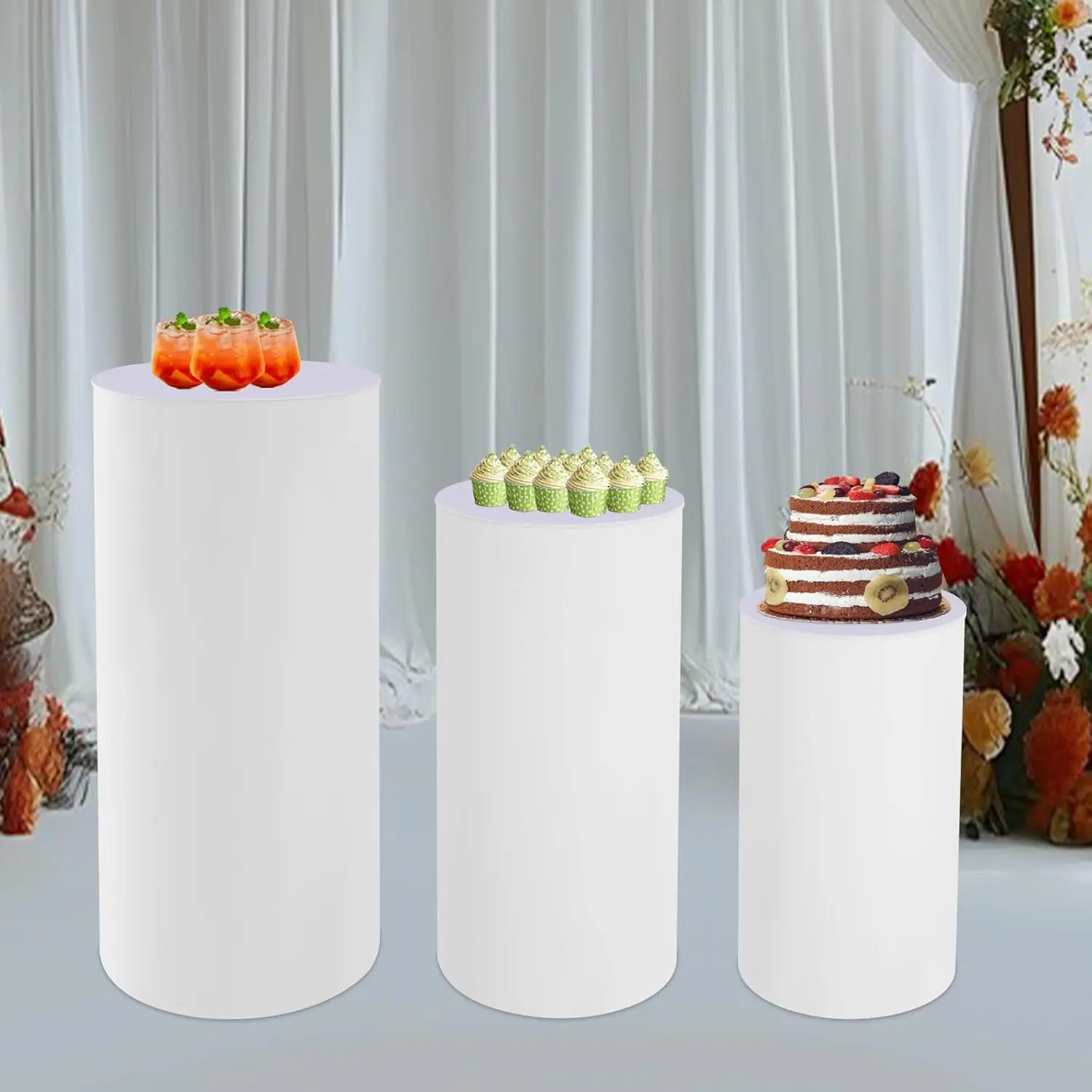 

Set of 3 White Cylindrical Base Stands, Round Pedestal Display Box Stands, Telescopic Cylindrical Protective Covers