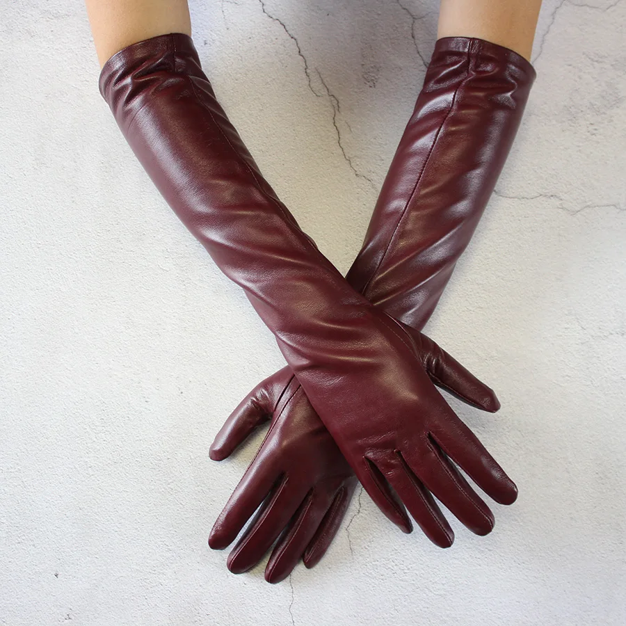 Long Leather Gloves Female Color Sheepskin Cloves Thin Section Over Elbow Long Velvet Lining Winter Warm Arm Set Free Shipping