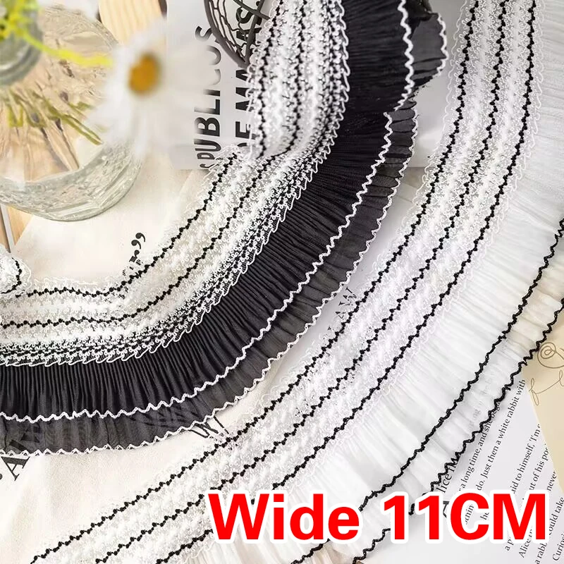 Chiffon Accordion Wrinkled Lace for DIY Clothing, Skirt Hem Trim Fabric, Trendy Clothes Decoration, Black and White, 11cm Wide