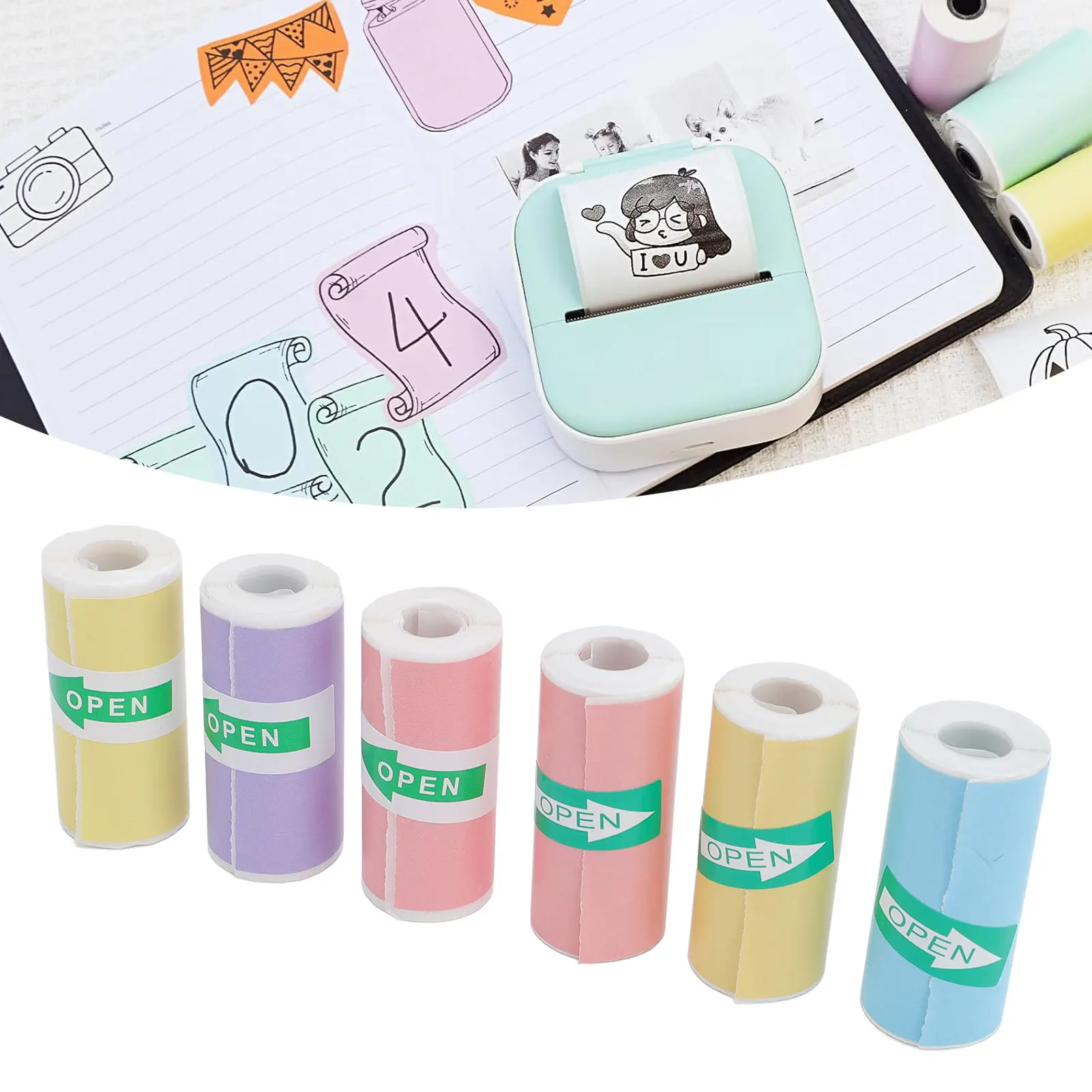 6 Roll Thermal Printing Paper Multi Color 57x25mm Smoothly Self Adhesive Thermal Inkless Printer Paper for Photo Note Label