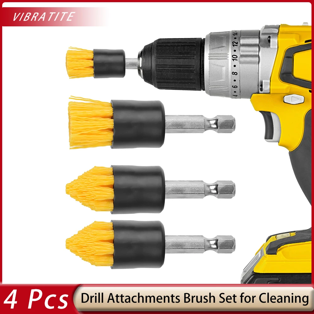 4 Pcs VIBRATITE 75”Drill Brush Attachment Set 2 Tapered & 2 Flat All Purpose Detail Brush Attachments For Cleanning