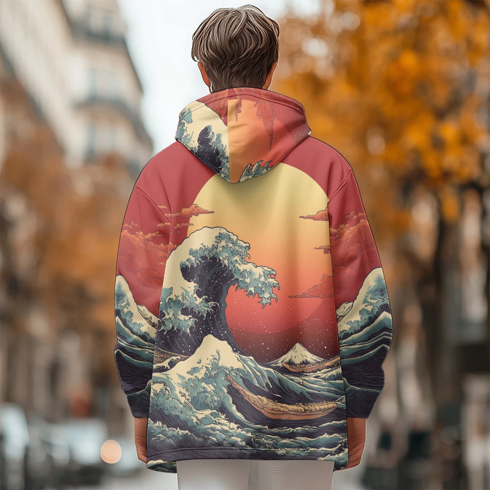 Man winter clothing, New in Down Coats,  Graffiti of sunset and ocean waves cotton-padded jacket clothing, feather pocket zipper