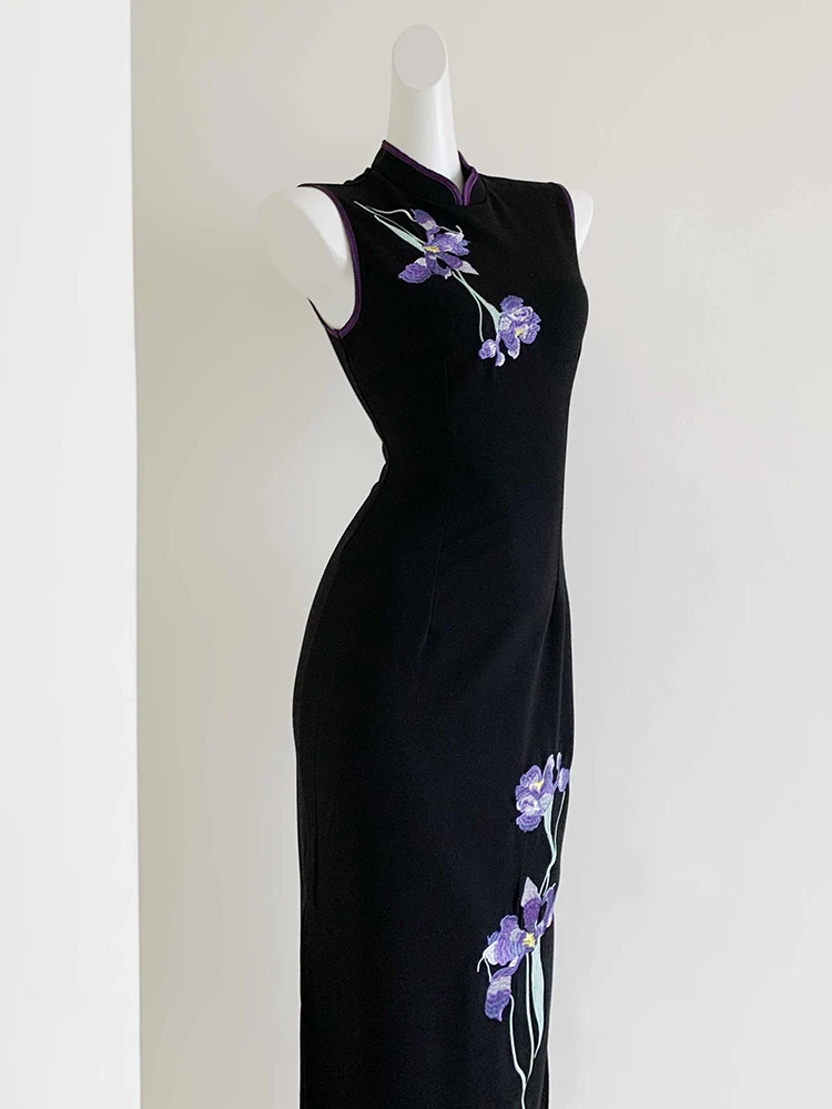 

Элегантная фиолетовая юбка миди с вышивкой, приталенного кроя, в винтажном восточном стиле, вдохновленная Гонконгом