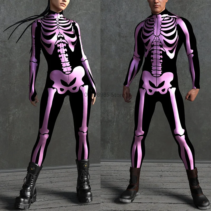 

Pink Bossy Skeleton Costume Men Women Casual Zipper Zentai Bodysuit 3d Print Women Jumpsuit Stretch Cosplay Jumpsuits