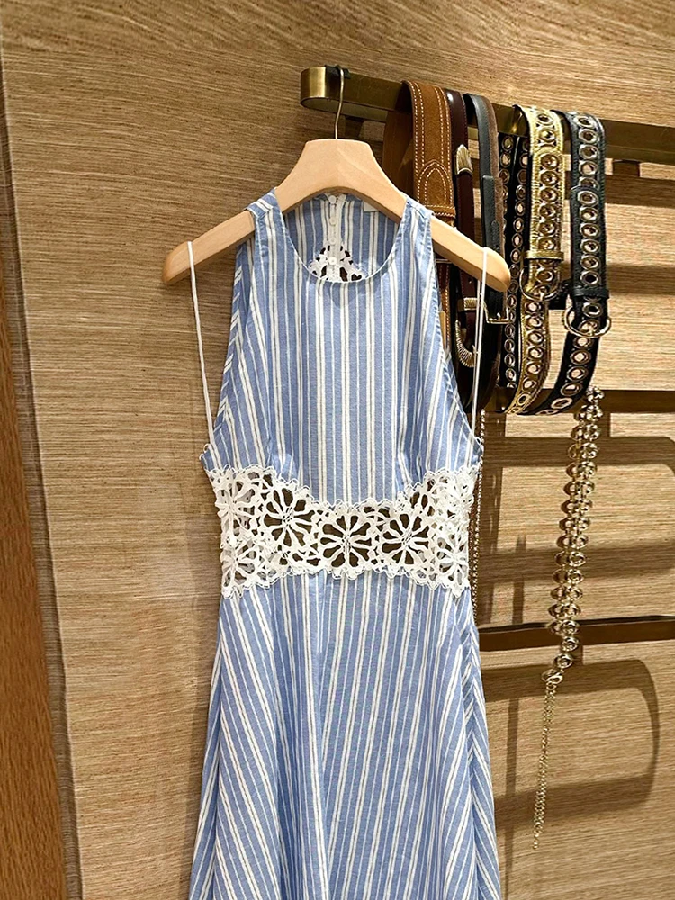 Ele Summer Dr Weste, ausgehöhlte Blumenstickerei, Streifen, hohe Taille, A-Linie, langer Rock ohne Sve, rund, Ne Dr