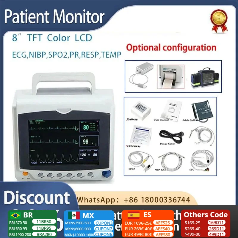 CONTEC-Portable 6 Parameter Monitor Paciente para Adultos e Crianças, Monitor de Sinais Vitais, ECG, NIBP, RESP, SPO2, PR, TEMP, CMS6000C