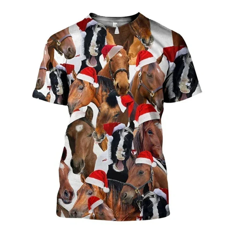 Fashion New Men's Christmas Horse Santa Hat 3D Print T-Shirt Funny Animal Xmas Short Sleeve Tee Holiday Party Novelty Tops