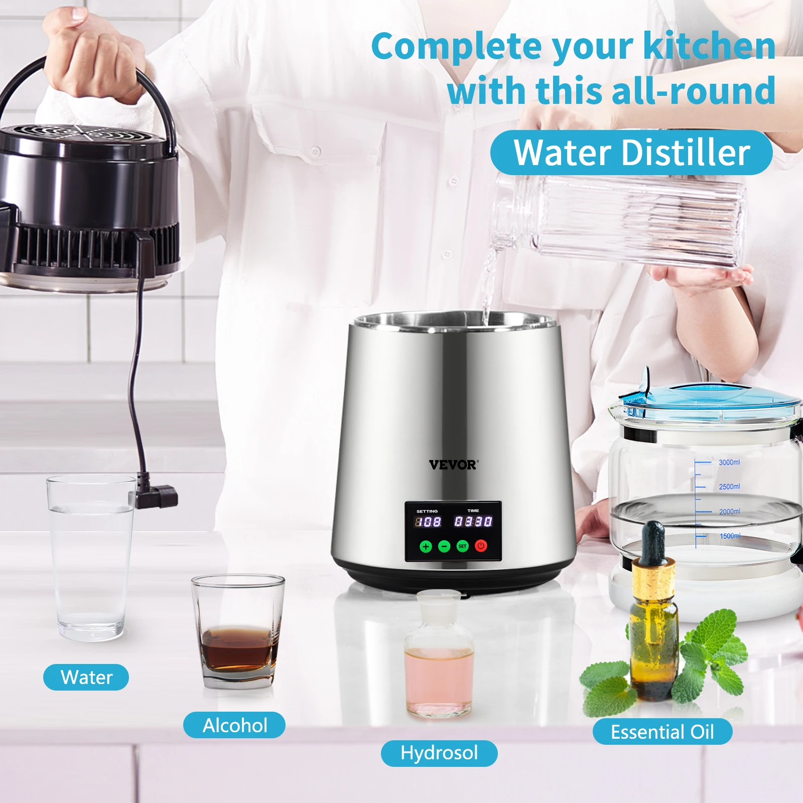 VEVOR Destilador de agua de 1,1 galones, 0,3 gal/H, 750W, máquina para hacer agua destilada, juego de sincronización 0-99H, pantalla de temperatura, acero inoxidable 304