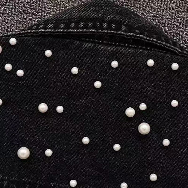 Spring Autumn Beading Denim Jacket For Women Solid Color Pearl Decal Coat American Casual Fashion With Pocket Loose Jackets