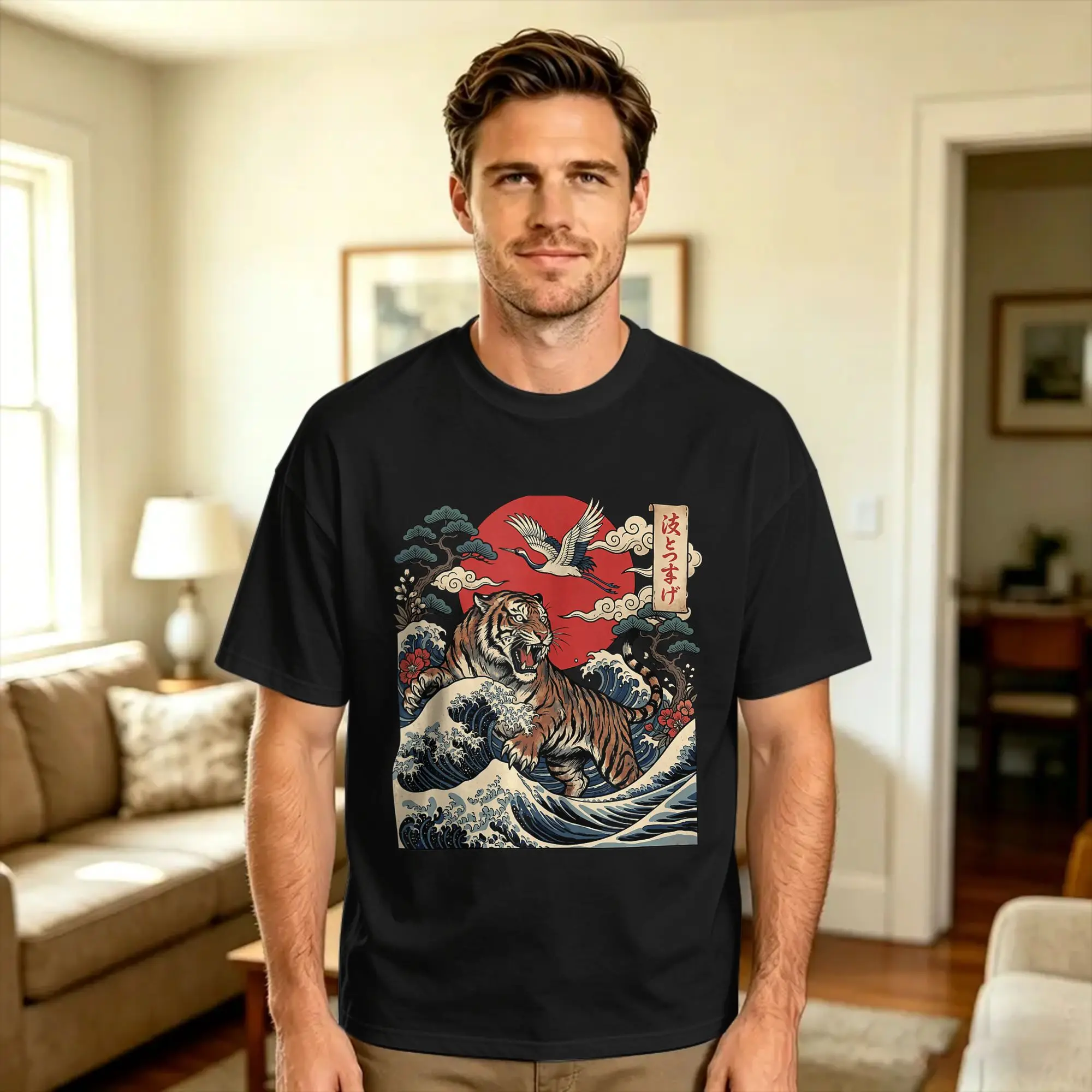 Retro Tiger Japanese Art Ukiyo e Wave Wild Cat Lover T Shirt Summer  Trendy Cool T Shirts Cotton Round Neck Oversized Top Tees
