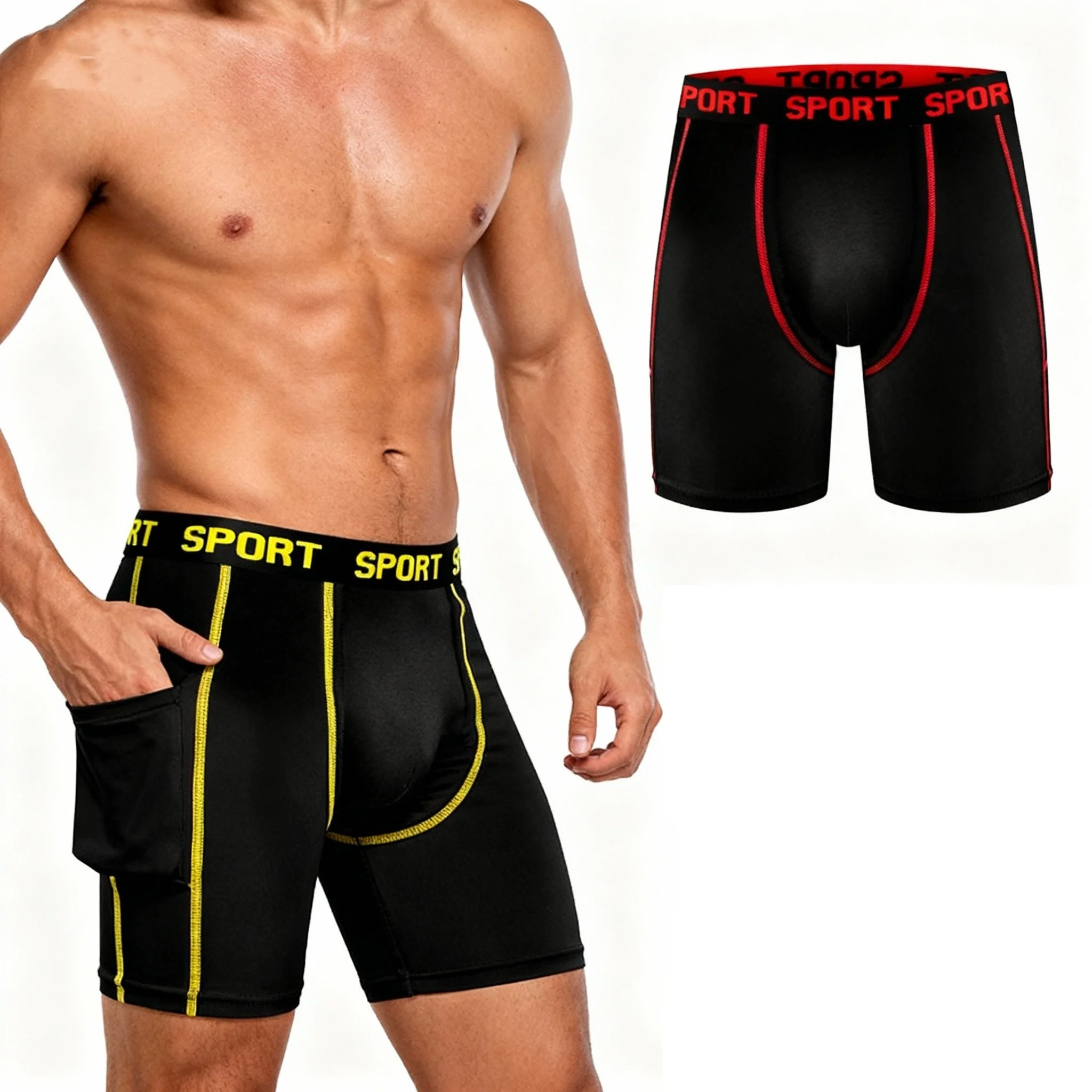 Ropa interior deportiva extendida para hombre, 2 uds., con diseño de bolsillo lateral, tamaño Extra grande, protección antirozaduras para piernas y entrepierna, calzoncillos tipo bóxer para piernas largas, fitness, correr, ciclismo