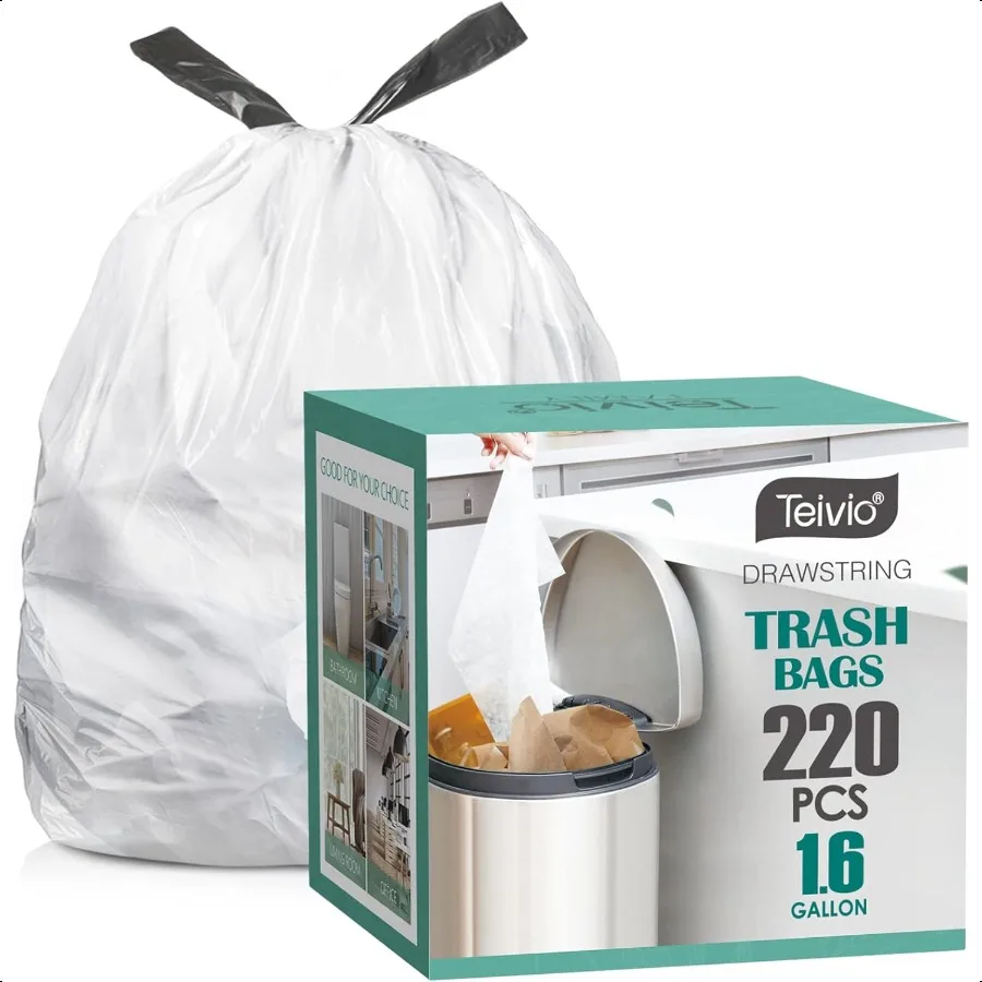 

1.6 Gallon 220pcs Strong Drawstring Trash Bags Garbage Bags by Bathroom Trash Can Bin Liners Code b fit 6 Liter Small Plastic B