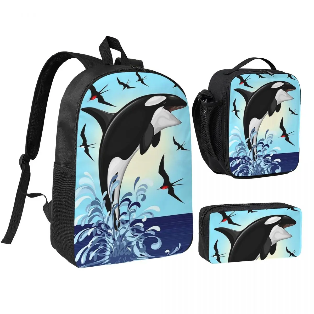 Orca Killer Whale Jumping Out The Ocean Backpack Student BookBag School Bag Shoulder Bags 3ps Insulated Lunch Bag Pencil Case