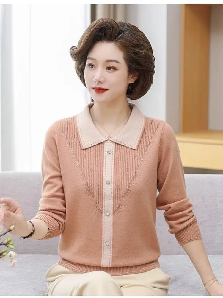 

Stylish Knitted Sweater with Collar for Mom Autumn Winter Long Sleeve Base Shirt Women's Fashion Commute Wind Regular Fit