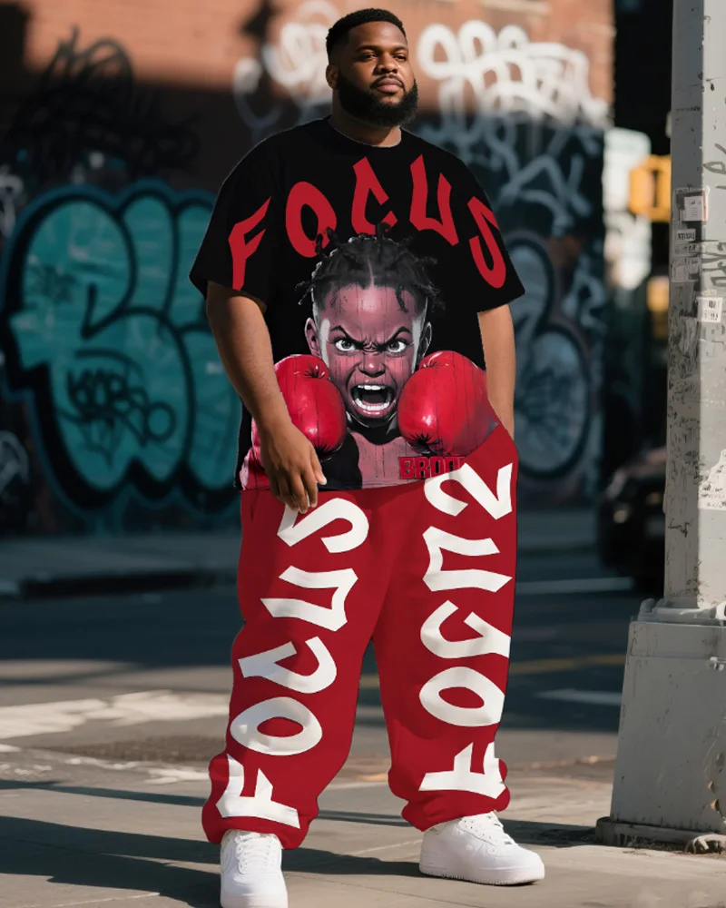 

S-9XL Men's Plus Size Boxing Glove & Graffiti Print T-Shirt & Pants 2-Piece Urban Combat Streetwear Moisture-Wicking Summer Gym