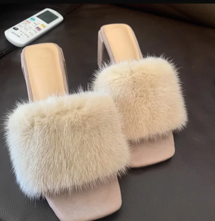

Женские домашние тапочки-сабо на массивном каблуке из пушистого меха норки, однотонные, модные, повседневные, новинка 2026 года
