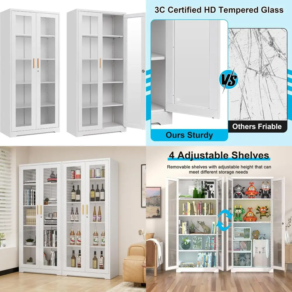 

Белый металлический и стеклянный шкаф Curio с замком, высота 71 дюйм, с 4 регулируемыми полками для хранения витрины и книг