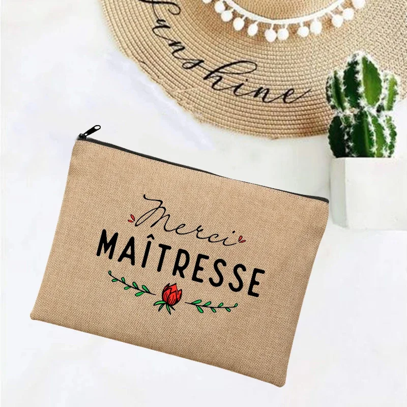 Linen Makeup Bags Thank You Teacher French Print Simple Wristlet Clutch Bag Beach Stationery Storage Travel Organizer Case Gifts