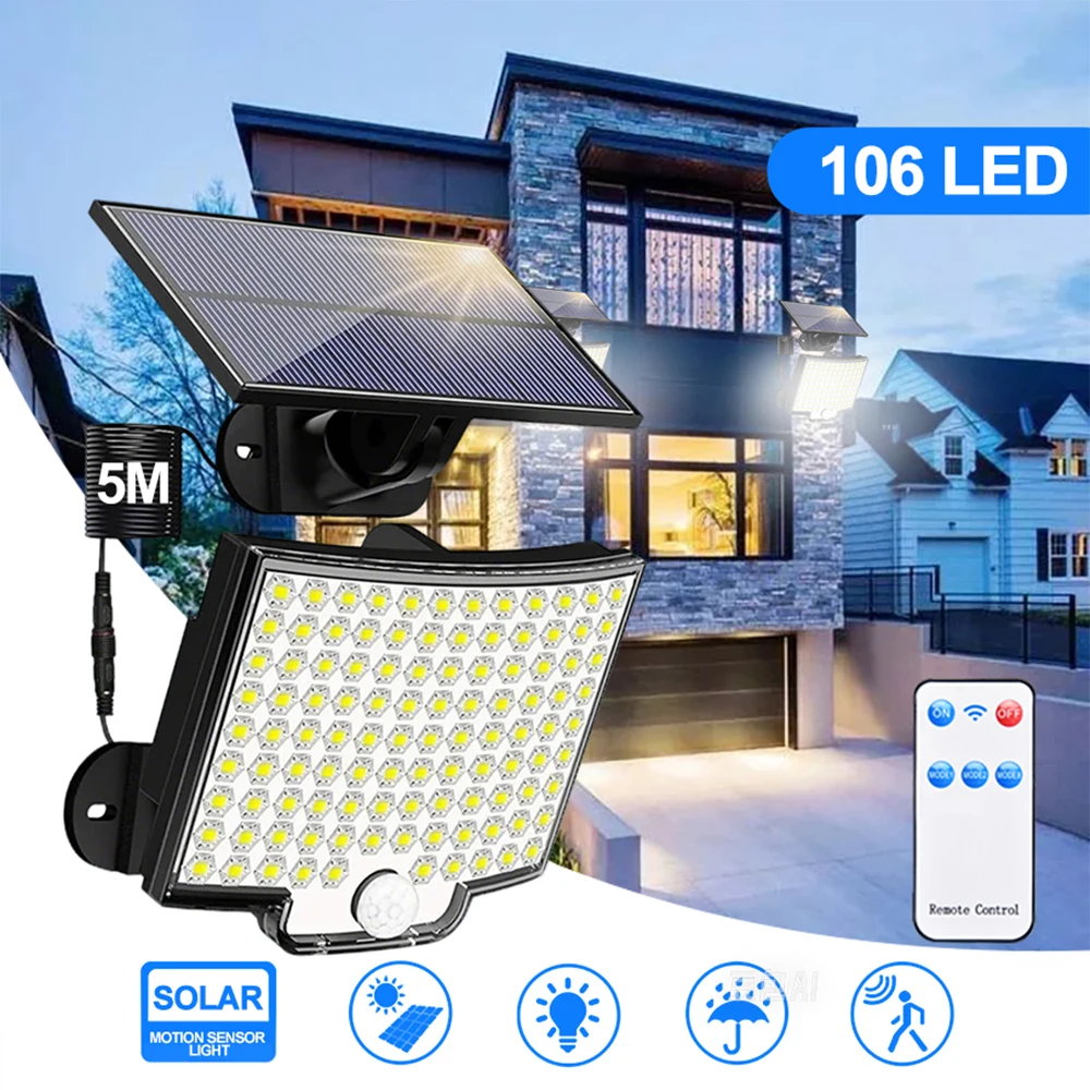

High Power 106LED Solar Outdoor Wall Lamp Waterproof LED Security Lights with 3 Modes Sensor Solar Flood Wall Lamp For Courtyard
