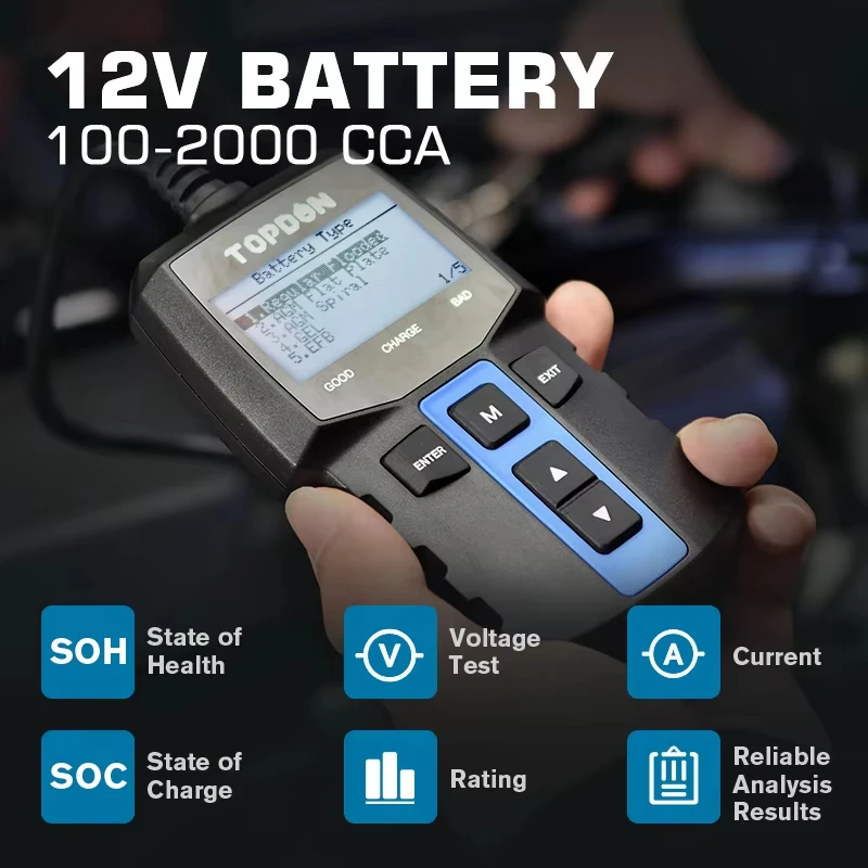 TOPDON BT100 12V Car Battery Tester 100-2000 CCA Automotive Battery Load Tester Cranking Charging System Analyzer for Car Truck Motorcycle SUV