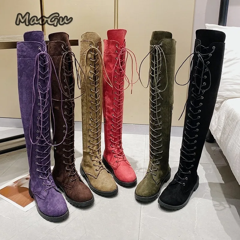 Seitlicher Reißverschluss, Schnürung, lange Stiefel für Damen, braunes schwarzes Wildleder, mittelhoher Absatz, Overknee-Stiefel für Damen, oberschenkelhohe Stiefel für Damen, Größe 43