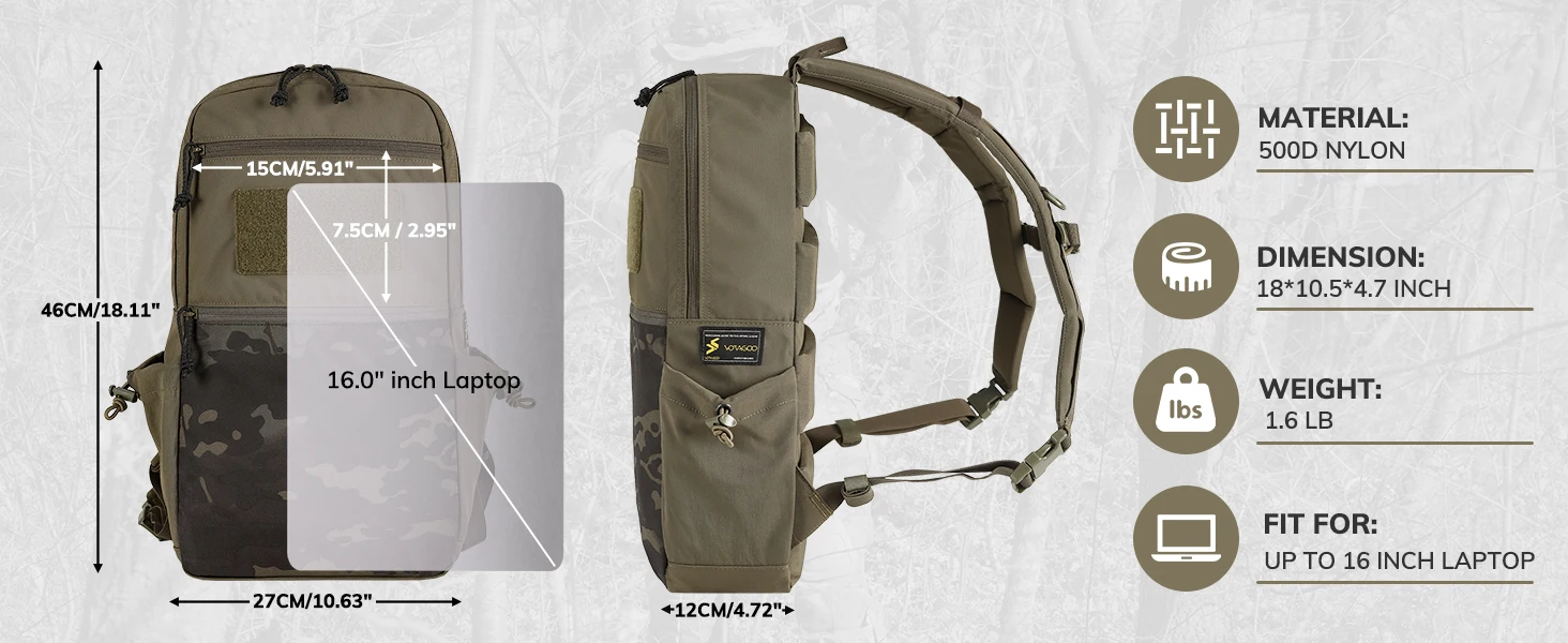 VOTAGOO 15L Taktischer Rucksack mit Carbonrahmen – 500D strapazierfähiger, wasserabweisender Tagesrucksack mit 16-Zoll-Laptopfach, Outdoor-Rucksack mit mehreren Taschen – Detail 7