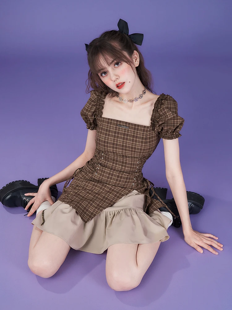Dophee New Spring Summer Slash Neck Puff Short Sleeve Coffee Plaid Short Dress Colorblock Women High Waist Slim A-line Dress