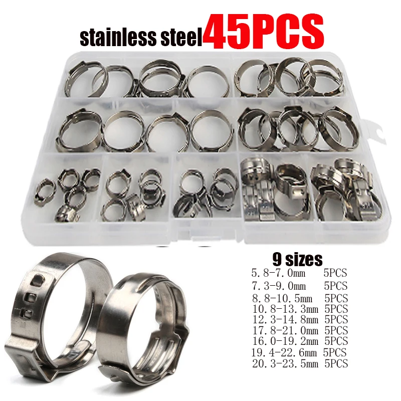 

In Box 45pcs 5.8-23.5mm Hose Clamps Single Ear Hose Clamp 304 Stainless Steel Assortment Kit Single Hose Clips Ear Pipe Clamps