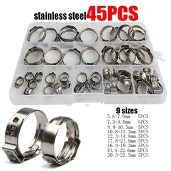 In Box 45pcs 5.8-23.5mm Hose Clamps Single Ear Hose Clamp 304 Stainless Steel Assortment Kit Single Hose Clips Ear Pipe Clamps