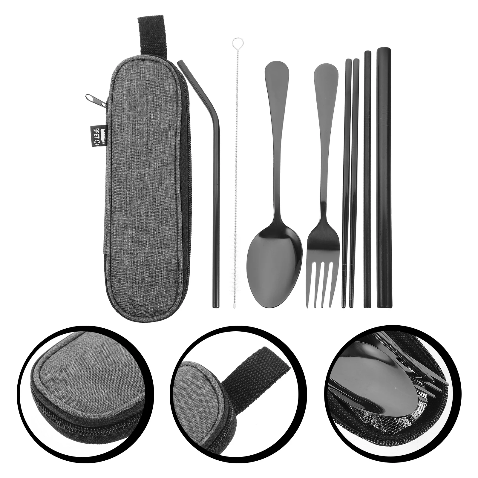 

1 set 7 Pieces Stainless Steel Straw Set Portable Travel Tableware Outdoor Supplies Black Deep Gray Bag Fork Spoon Chopsticks