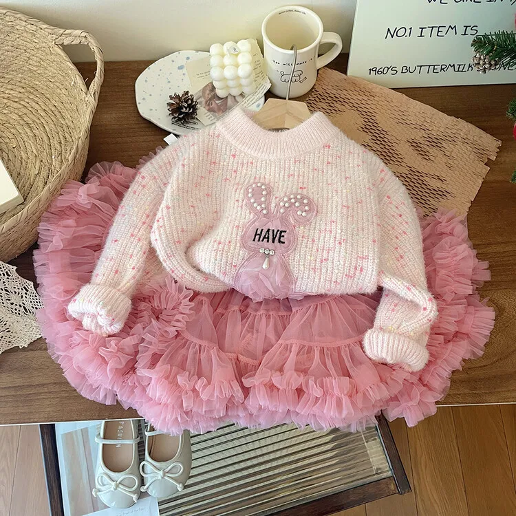 Thiened One-Piece Knitted Sweater for Little Girls Autumn Winter Water Rabbit Velvet Long Sve round Ne Base irt