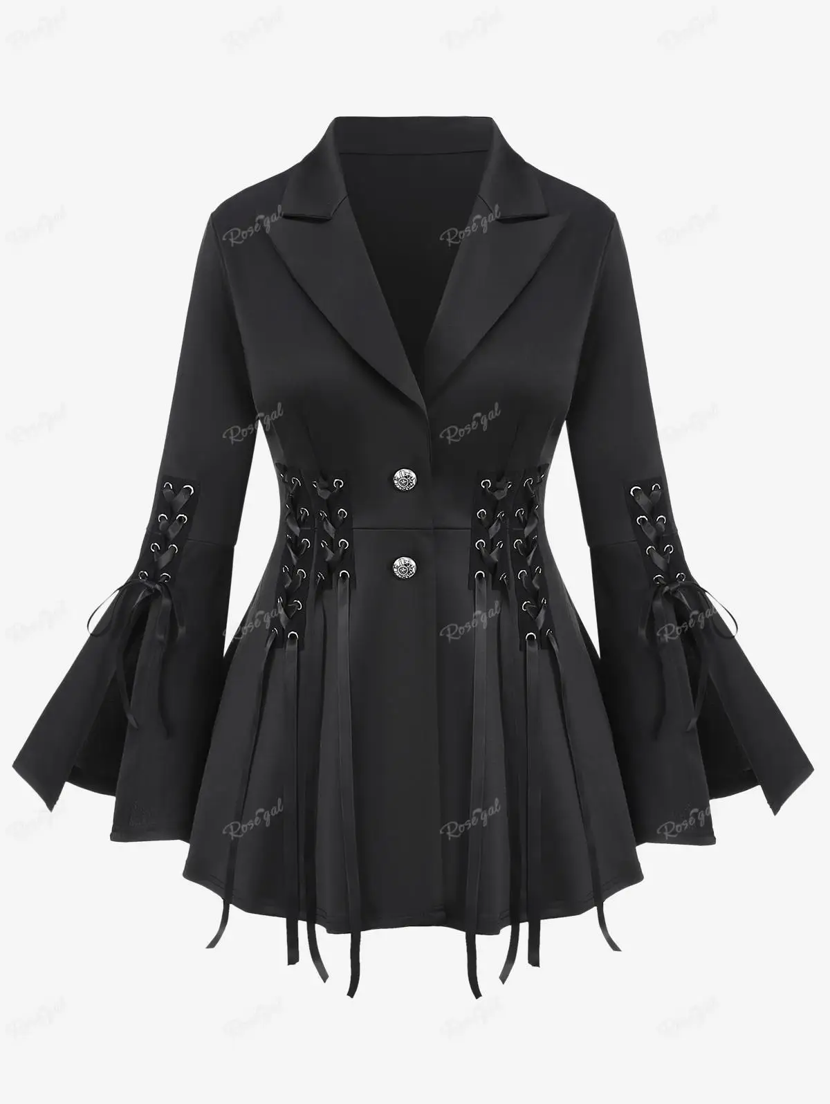 ROSEGAL Plus Size Lace Up Button Ruched Jacket Women Autumn Long Sleeves V Neck Outwear Coats Black Fashion Ruffles Jackets