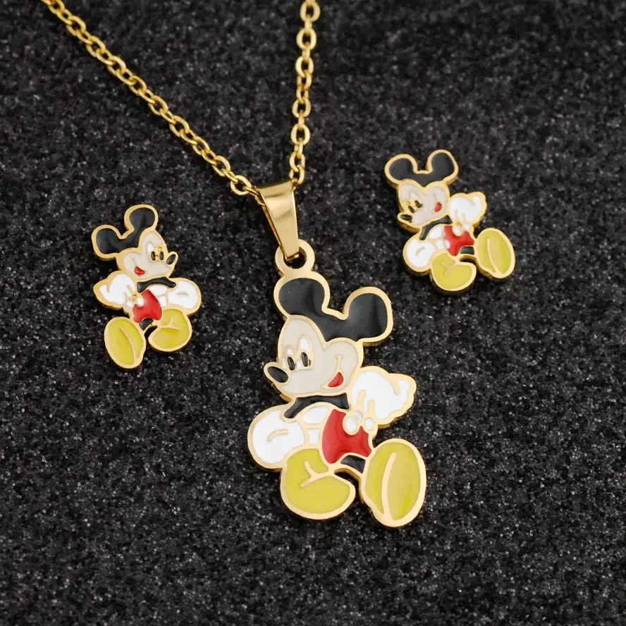 Disney Mickey Mouse Jewelry Sets for Woman Girls Shining Charm Necklace and Earring Set Kids Jewellery for Girls Christmas Gifts