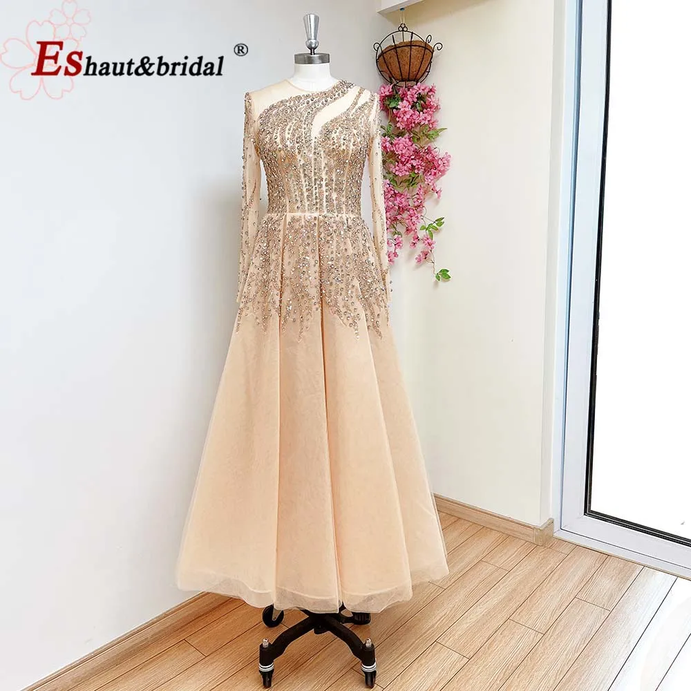 Robe de soirée élégante en cristal pour femmes, col rond, manches longues, perles d'aline, longueur de rinçage, Rh, fête de mariage, occasion formelle