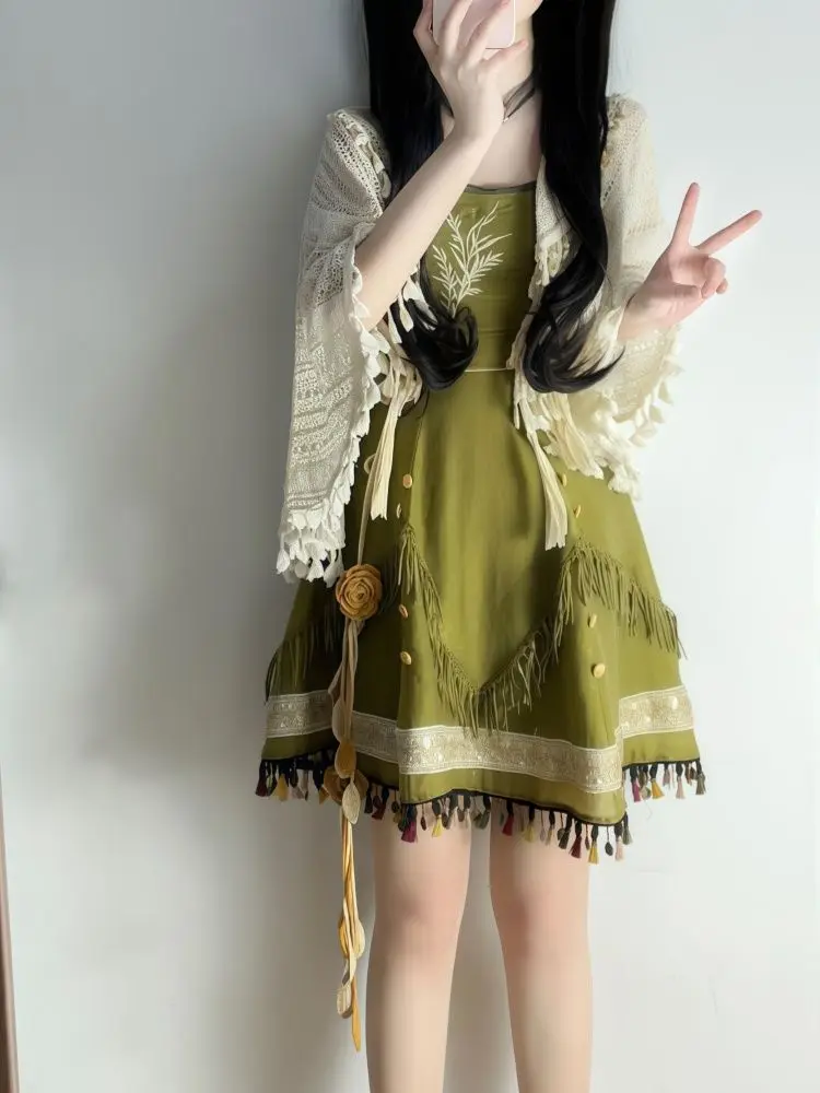 

Women Bohemian Two-Piece Set Sleeveless Tassel Mini Dress and Crochet Lace Shawl Vintage Ethnic Suit Elegant Fairycore Outfit